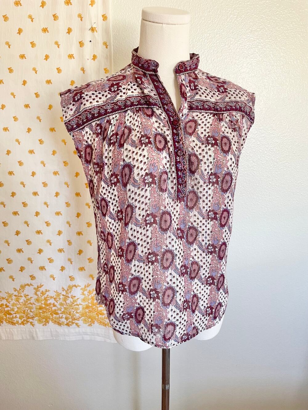Vintage India Batik Gauze Blouse Rainbow Lurex Metallic Boho Top M